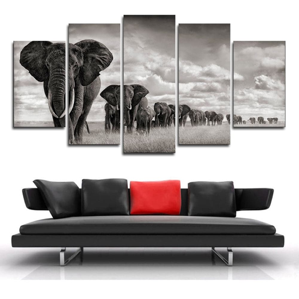 Framed 5 Panels - Elephants