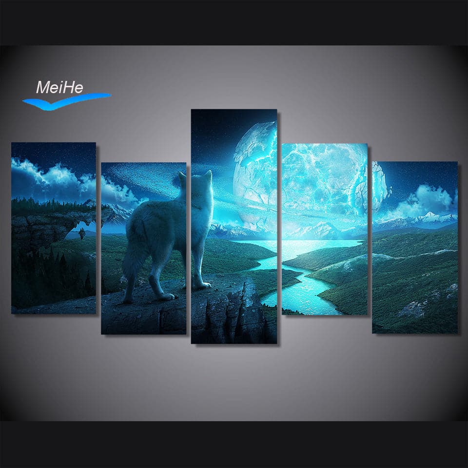 Pine Stretched  Framed 5 Panels - Wolf