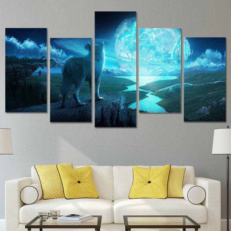 Modern Animal Canvas Wall Art Print Poster | Home Decor | Stretched 5 Panels - Wolf