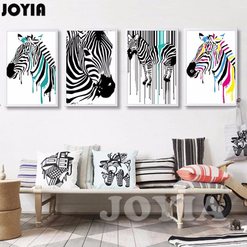 Pine Stretched  Framed 4 Panels - Zebras