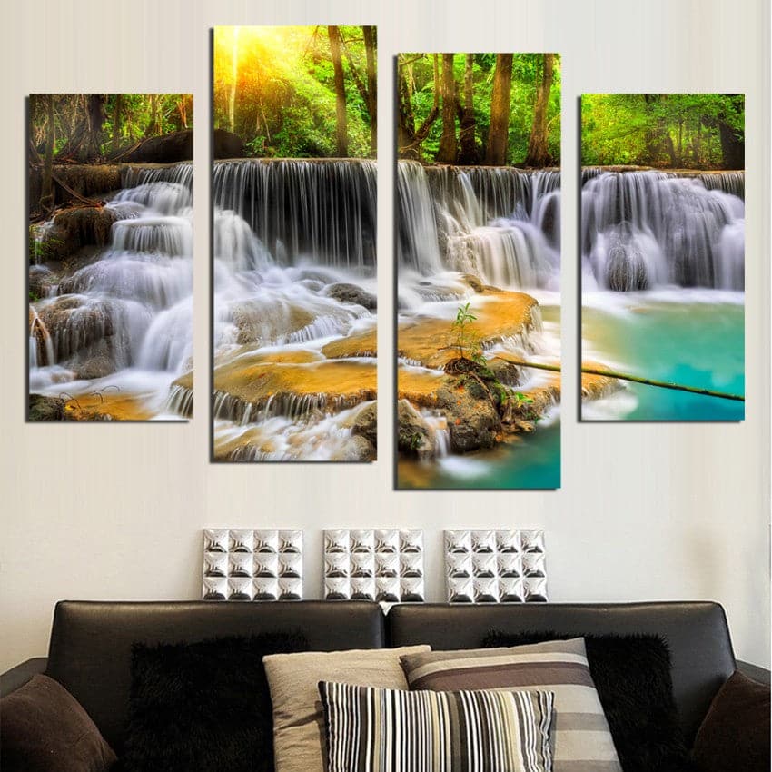 Pine Stretched  Framed 4 Panels - Waterfall
