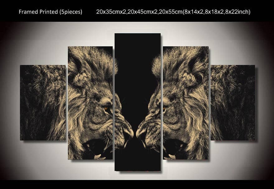 Pine Stretched  Framed 5 Panels - Lion