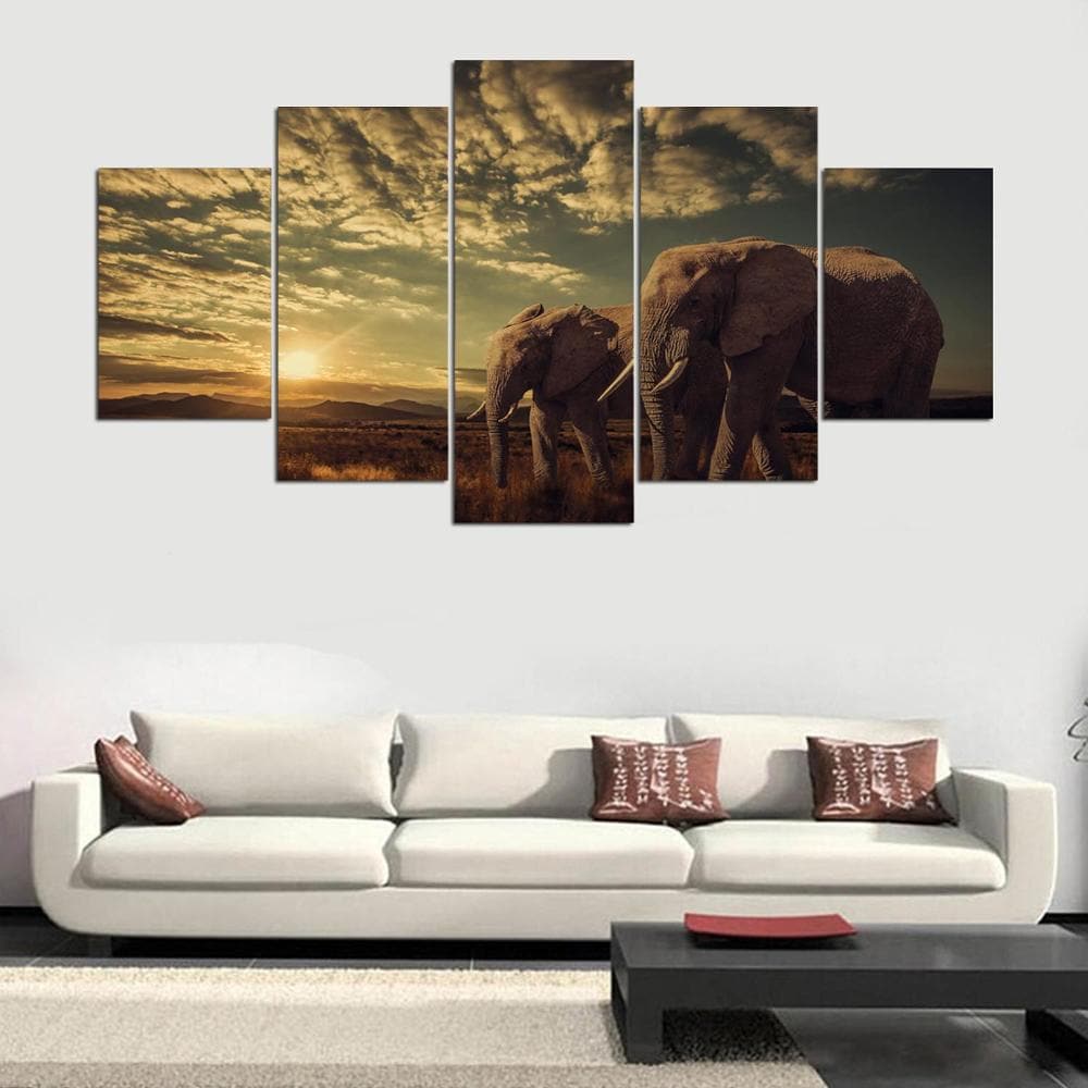Framed 5 Panels - Elephants