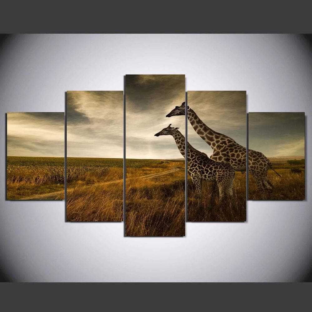 Pine Stretched  Framed 5 Panels - Giraffes