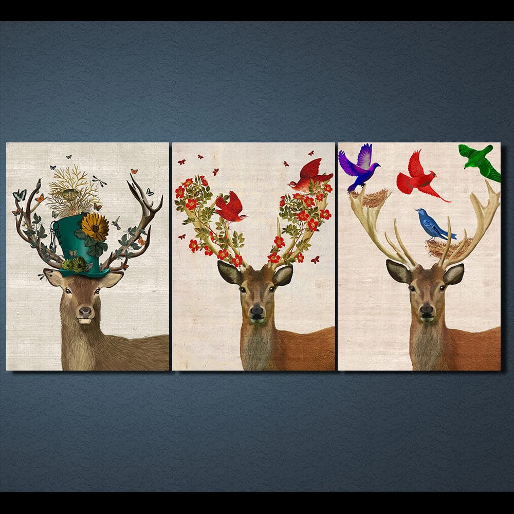 Pine Stretched  Framed 3 Panels - Deer
