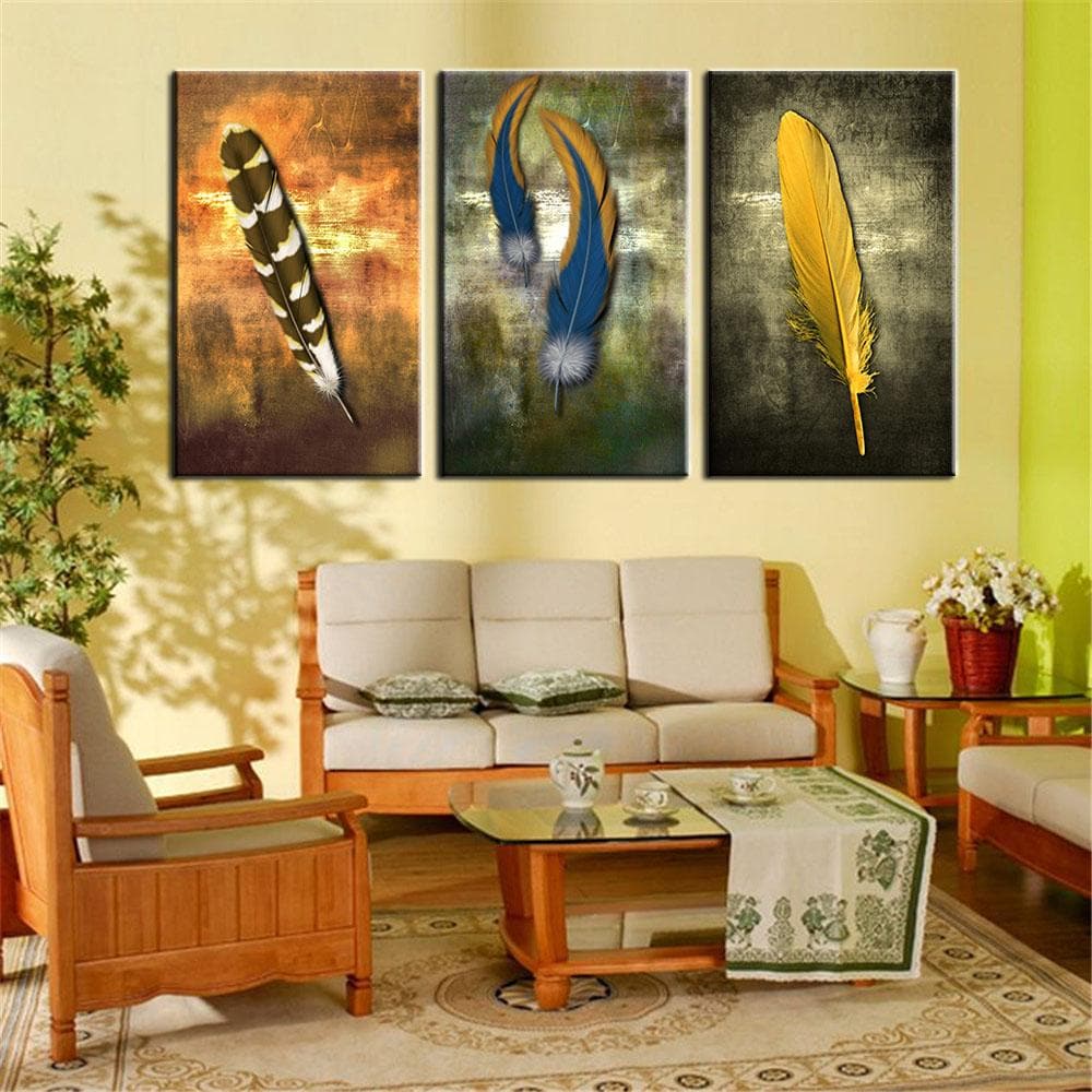 Pine Stretched  Framed 3 Panels - Feather