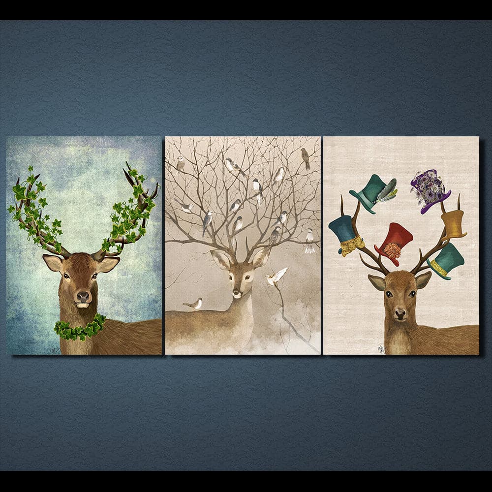 Pine Stretched  Framed 3 Panels - Deer