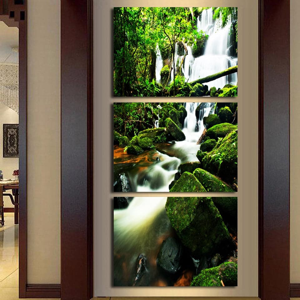 Pine Stretched  Framed 3 Panels - Water Fall