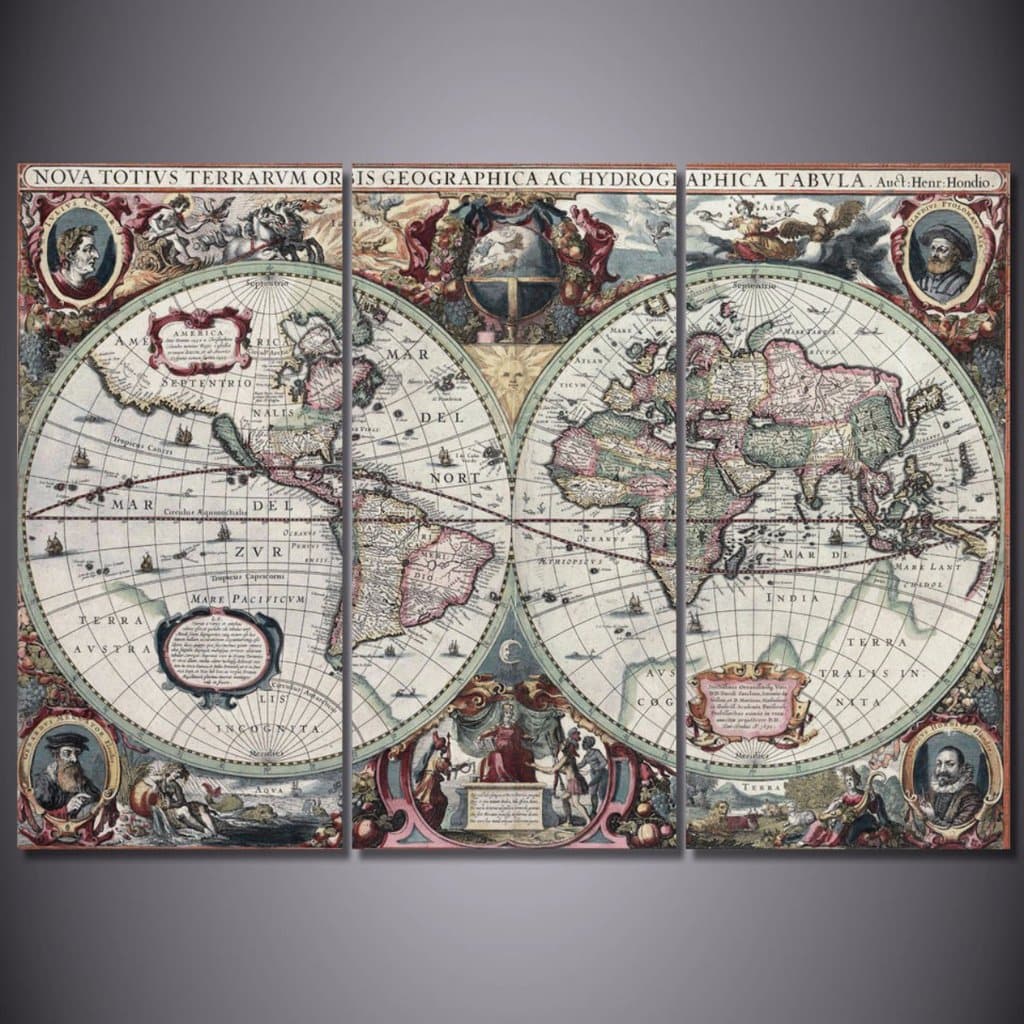 Pine Stretched  Framed 3 Panels - World Map