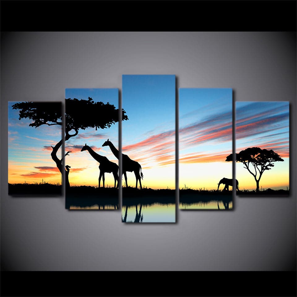 Framed 5 Panels - Giraffes