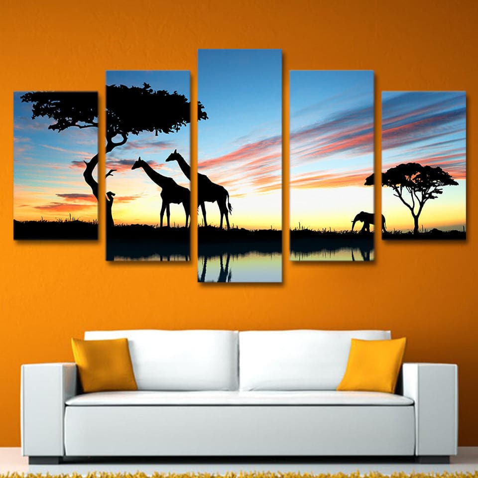 Framed 5 Panels - Giraffes