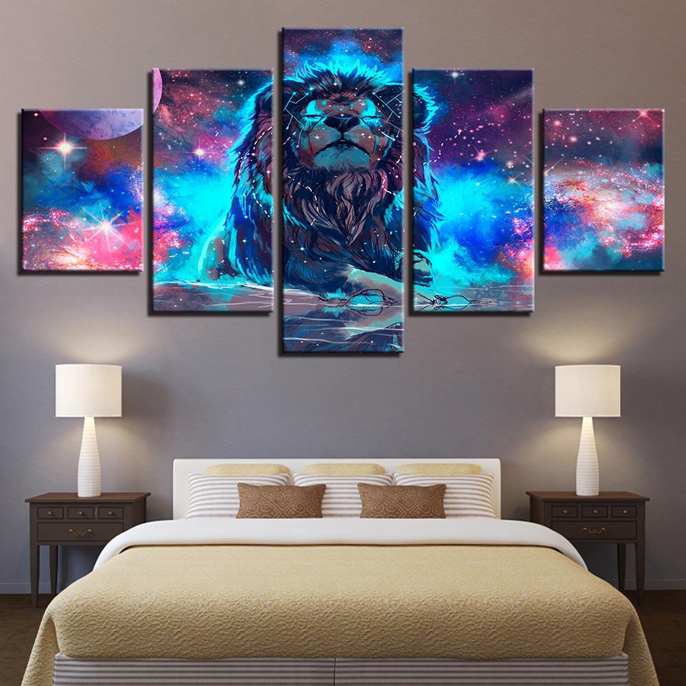 Pine Stretched  Framed 5 Panels - Lion