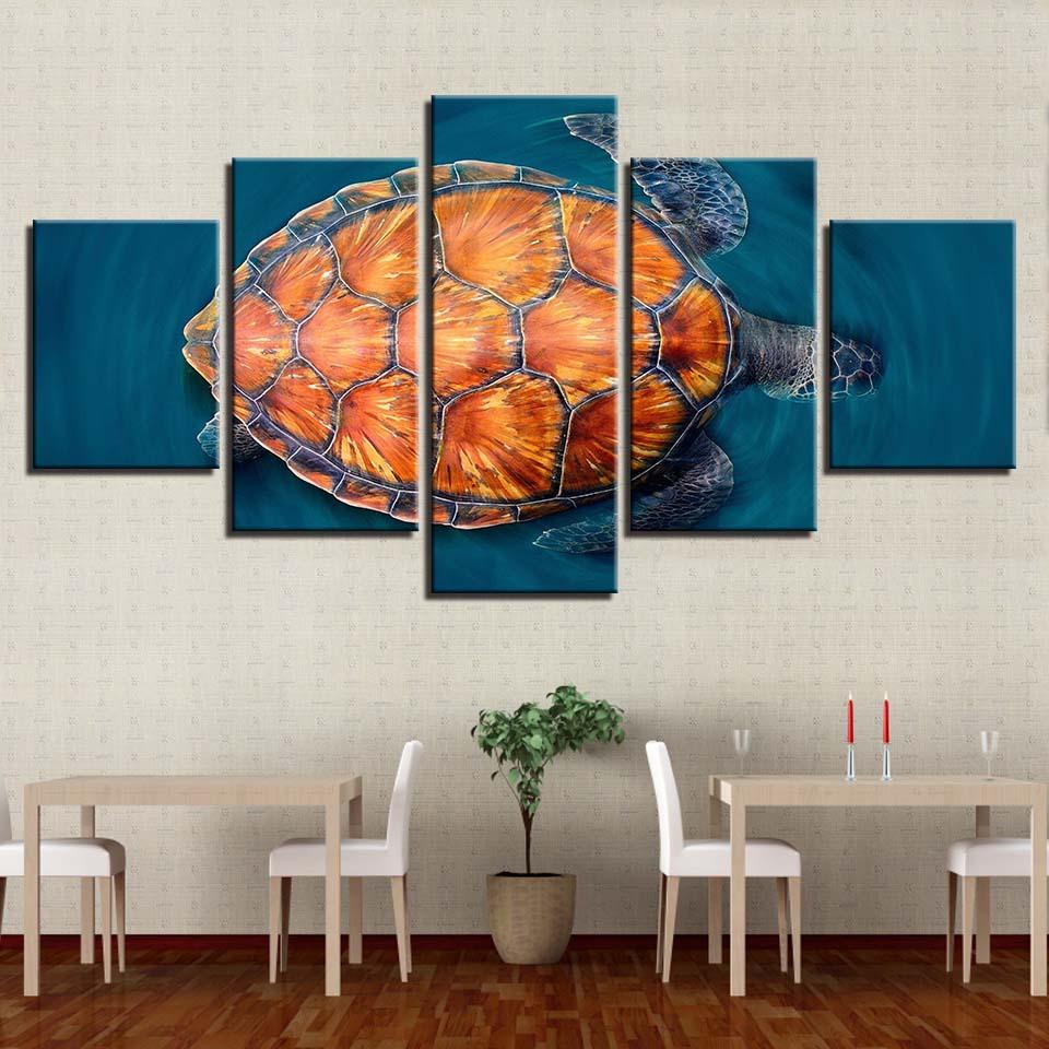Pine Stretched  Framed 5 Panels - Sea Turtle