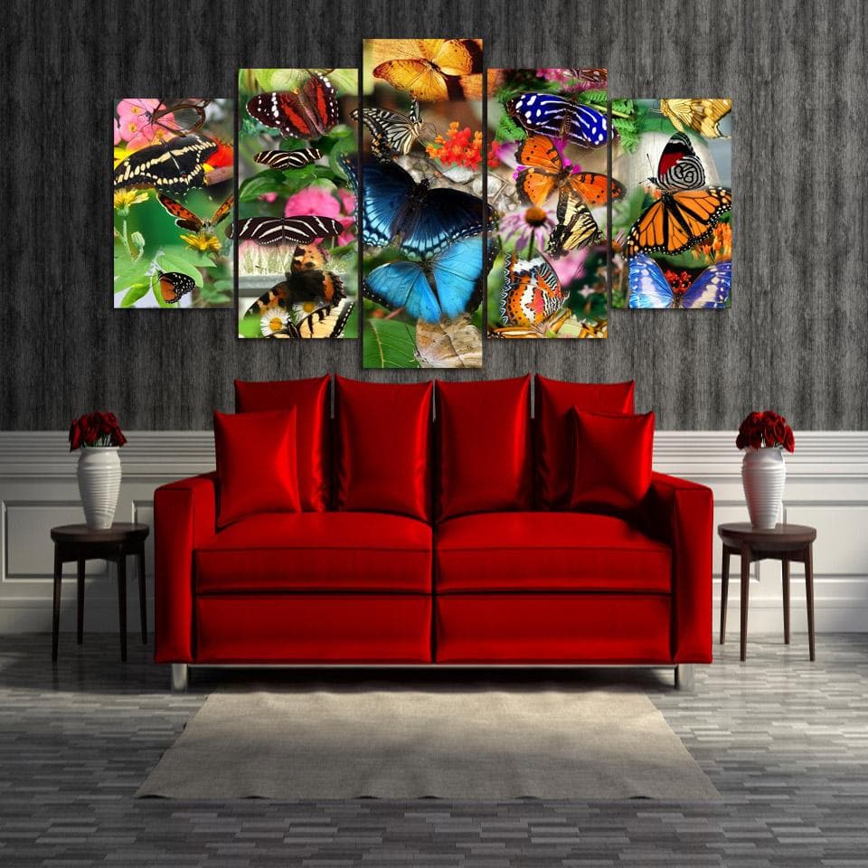 Pine Stretched  Framed 5 Panels - Butterflies