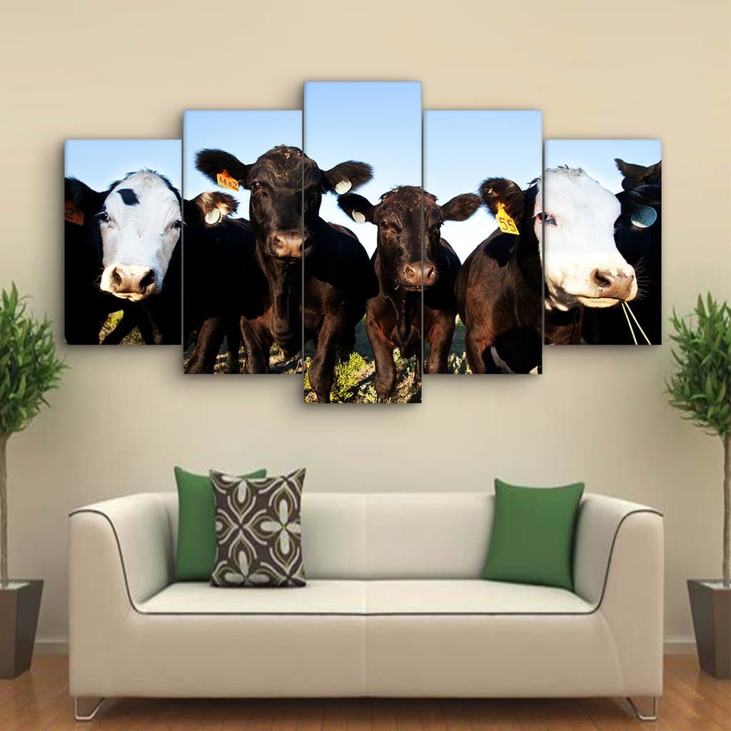 Pine Stretched  Framed 5 Panels - Cows