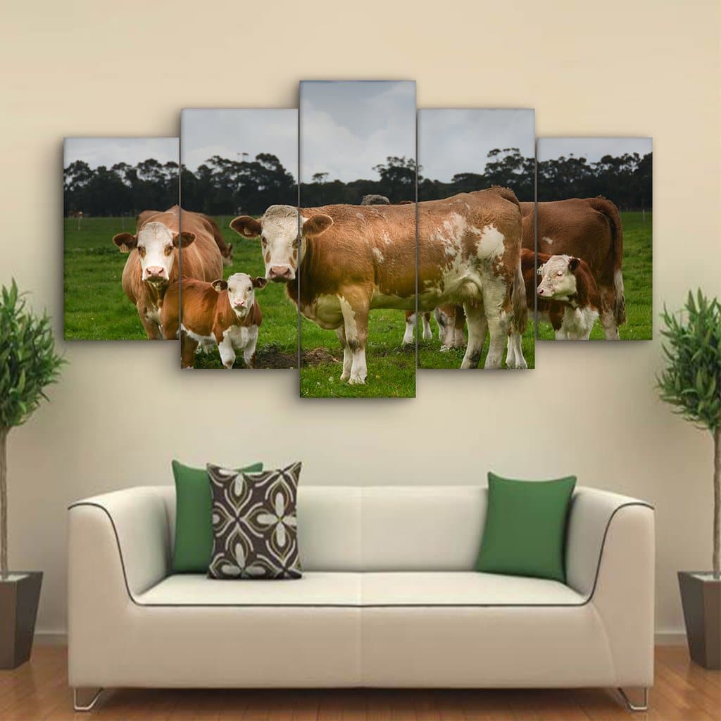 Pine Stretched  Framed 5 Panels - Cows
