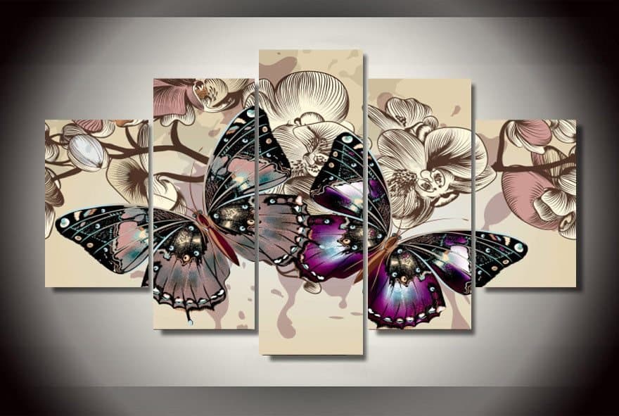 Pine Stretched  Framed 5 Panels - Butterfly