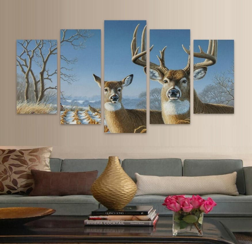 Pine Stretched  Framed 5 Panels - Deer