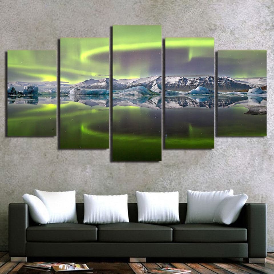 Pine Stretched  Framed 5 Panels - Northern lights