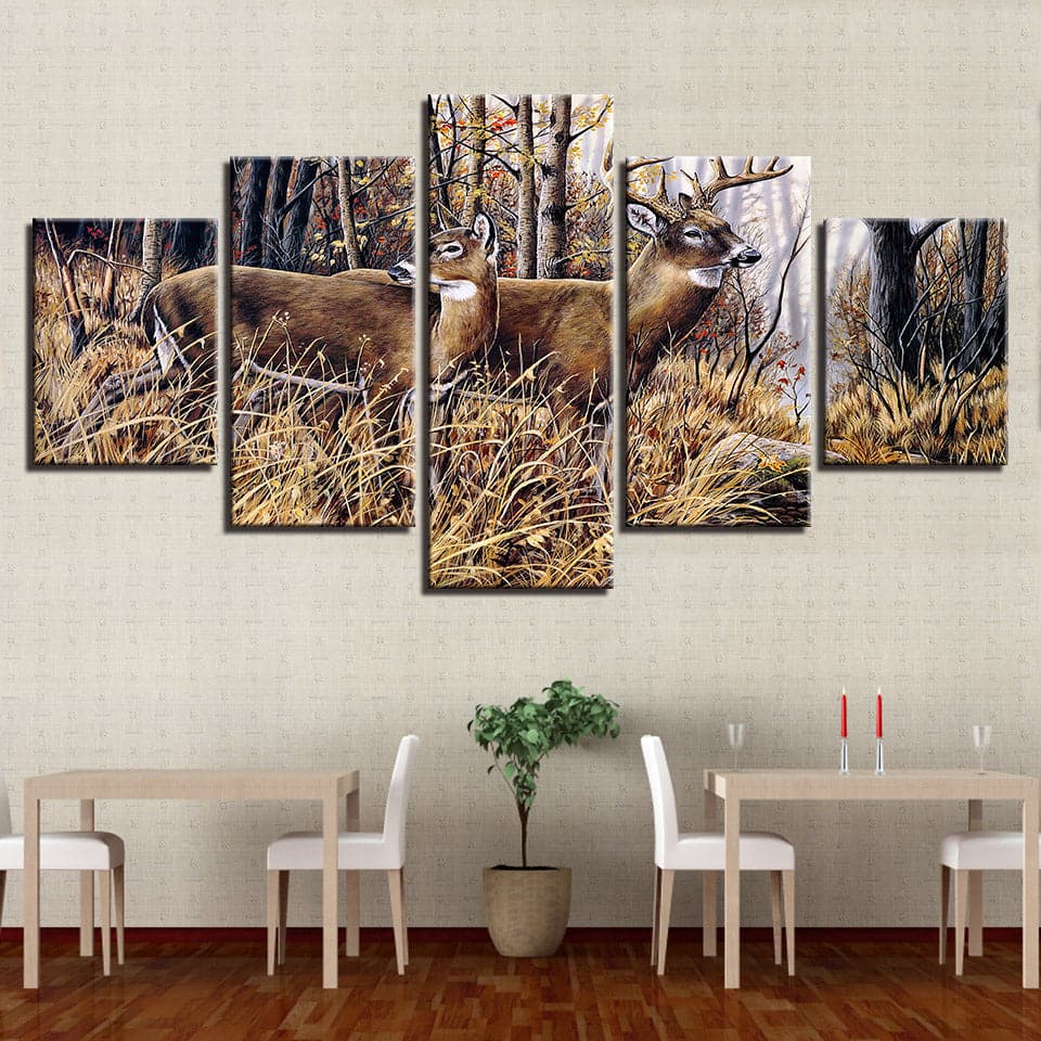Pine Stretched  Framed 5 Panels - Deer
