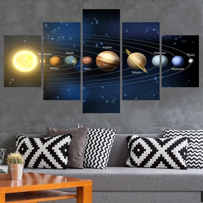 Pine Stretched  Framed 5 Panels - Solar System