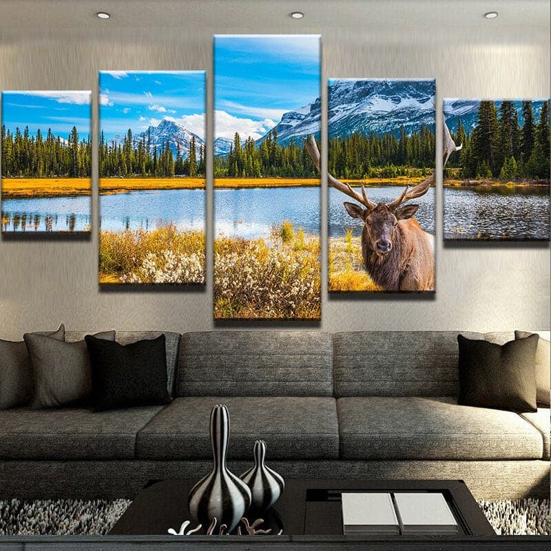 Pine Stretched  Framed 5 Panels - Deer Art