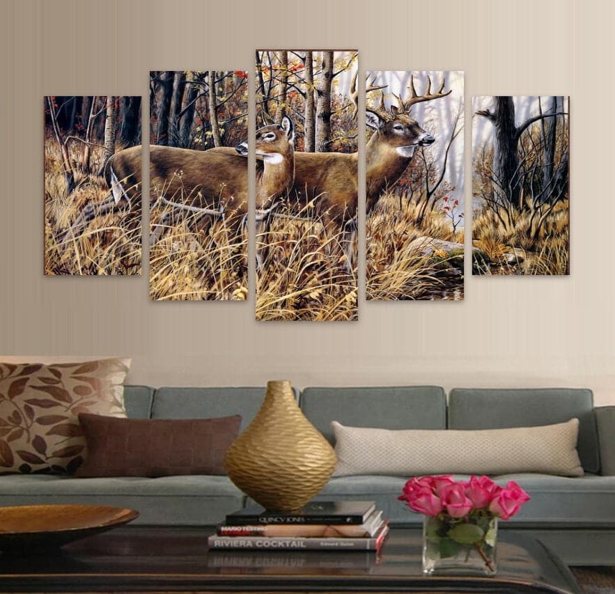 Pine Stretched  Framed 5 Panels - Wild Deer