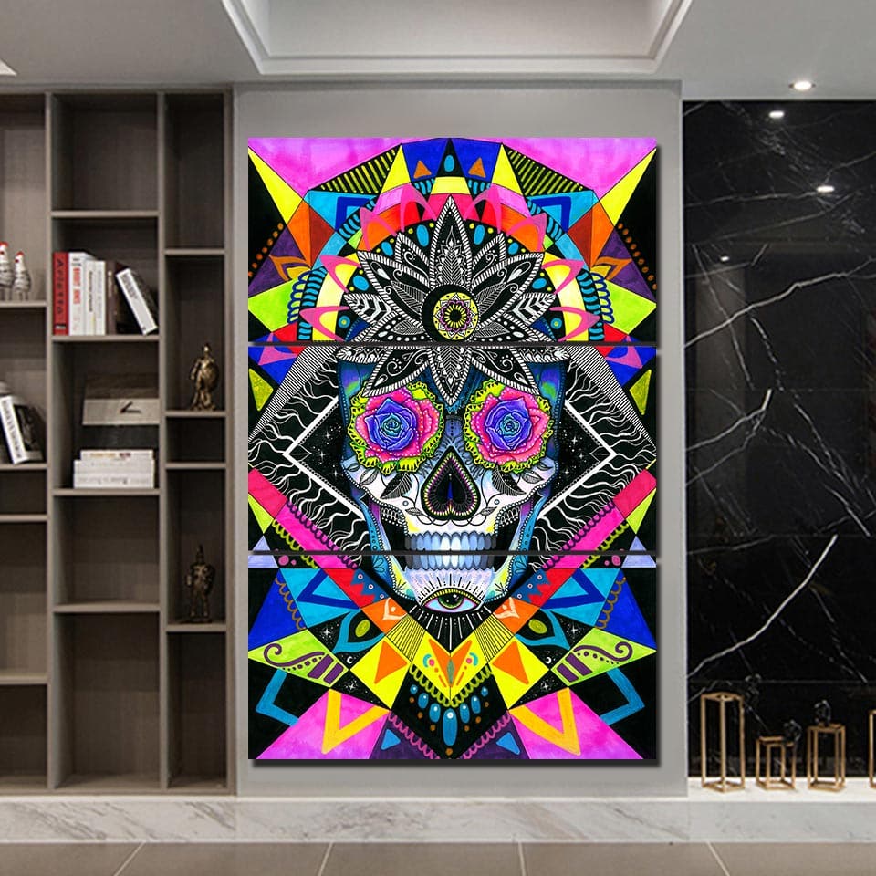 Pine Stretched  Framed 3 Panels - Skull Art