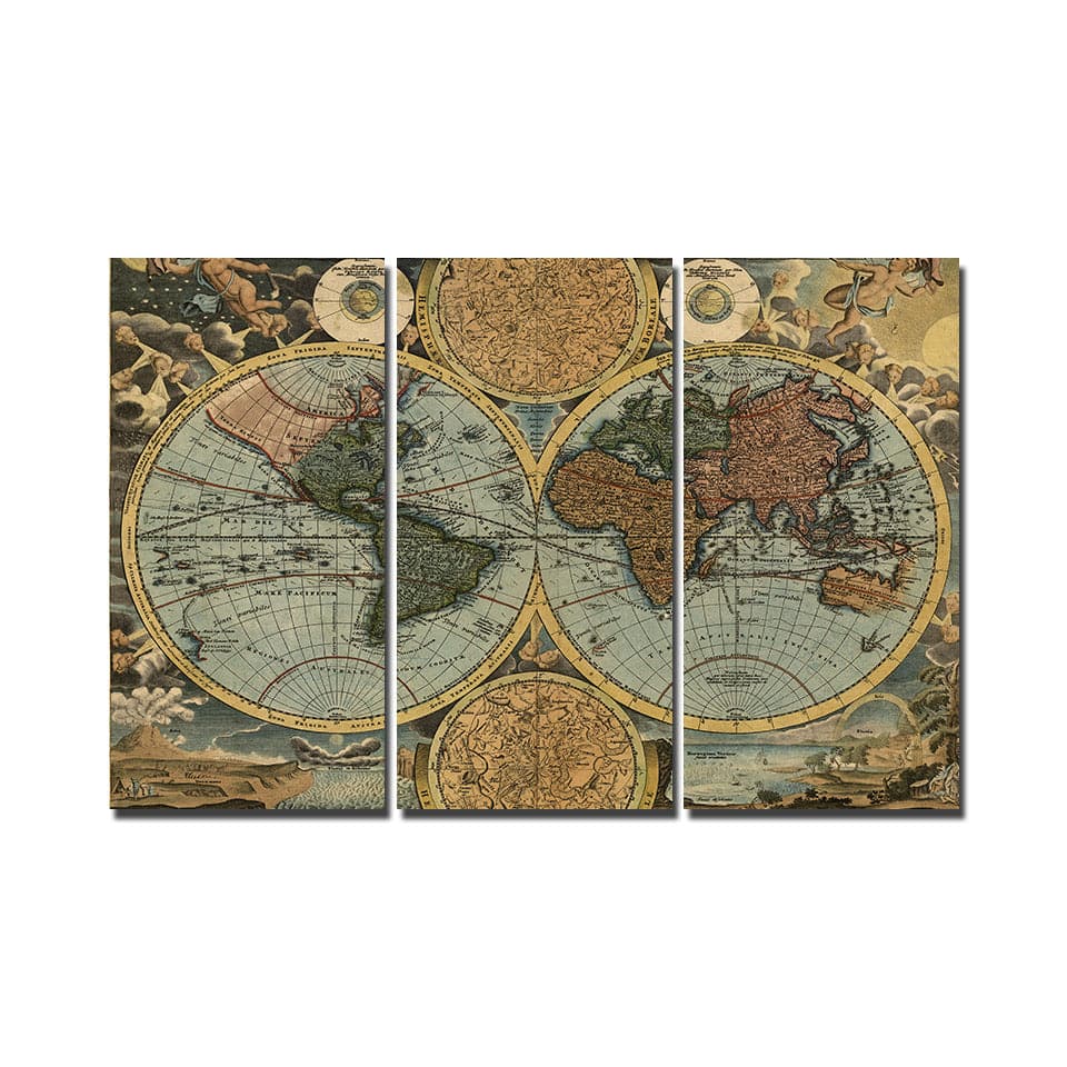 Pine Stretched  Framed 3 Panels - World Map