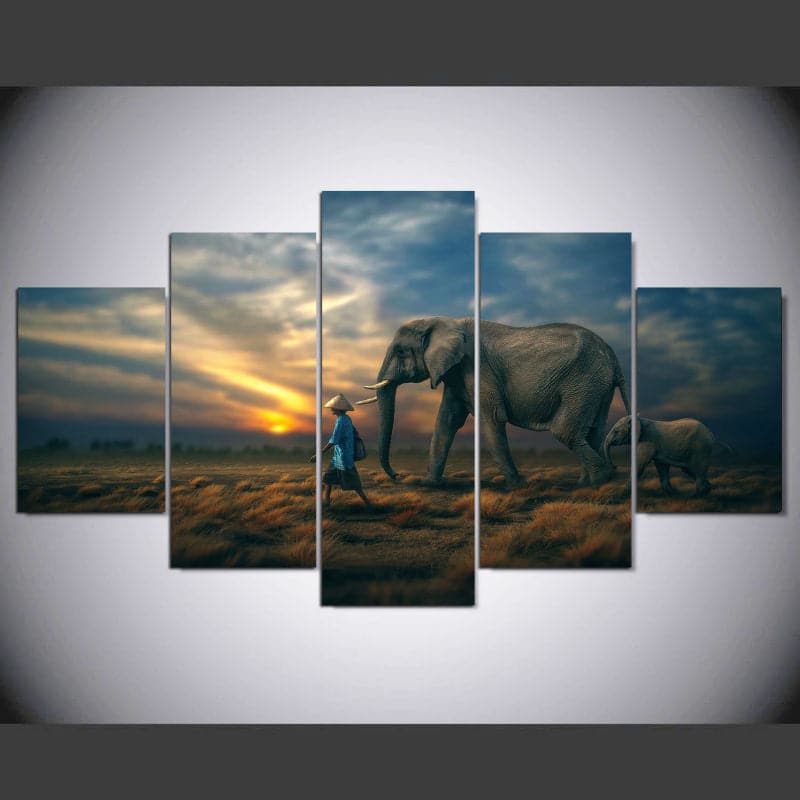 Pine Stretched  Framed 5 Panels - Elephant