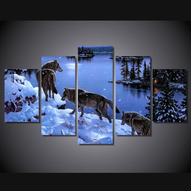 Pine Stretched  Framed 5 Panels - Wolf