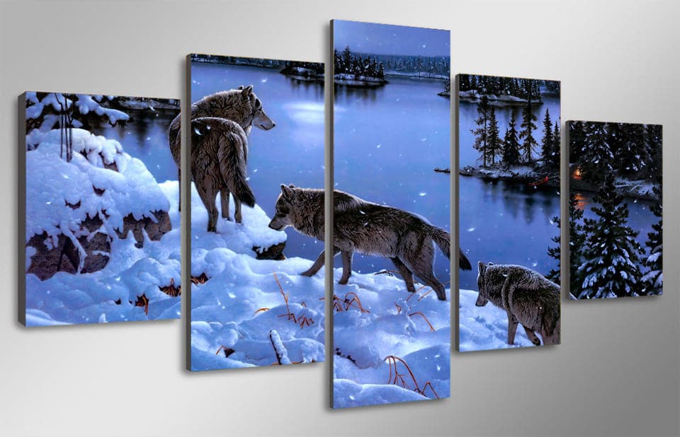 Pine Stretched  Framed 5 Panels - Wolf