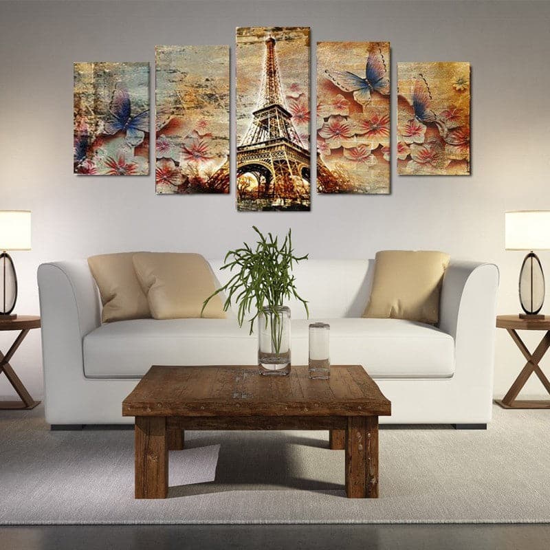 Pine Stretched  Framed 5 Panels - Eiffel Tower