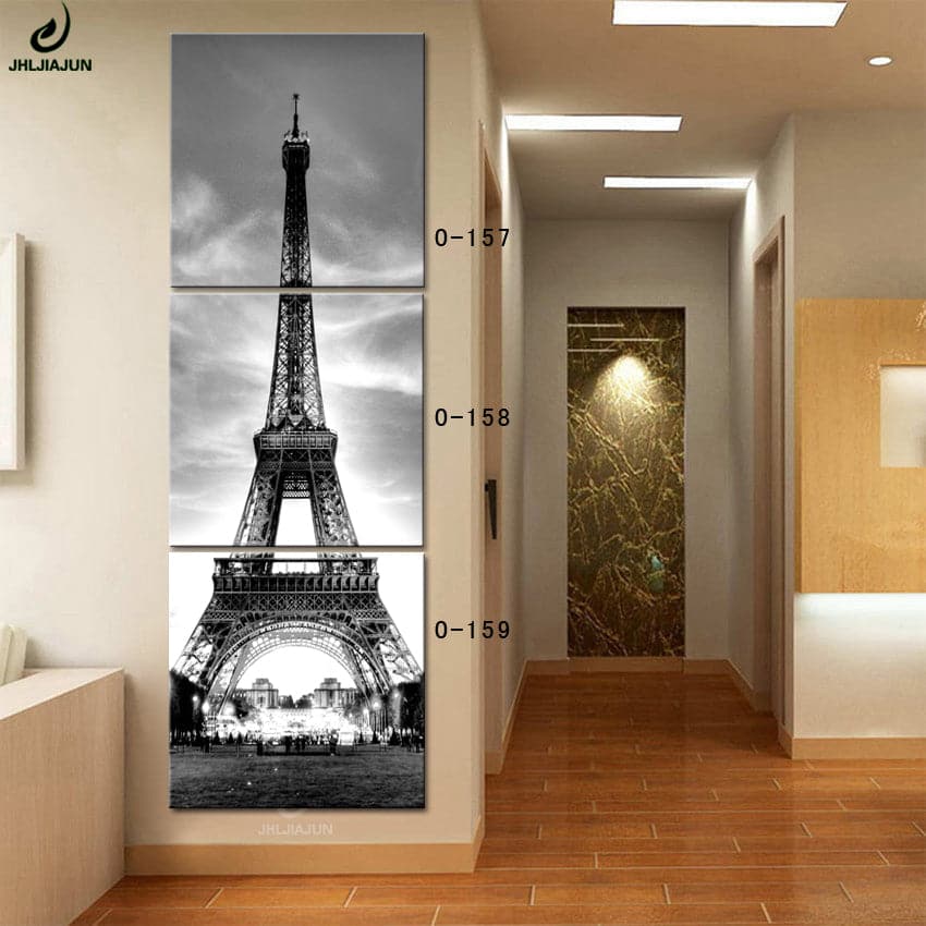 Pine Stretched  Framed 3 Panels - Eiffel Tower