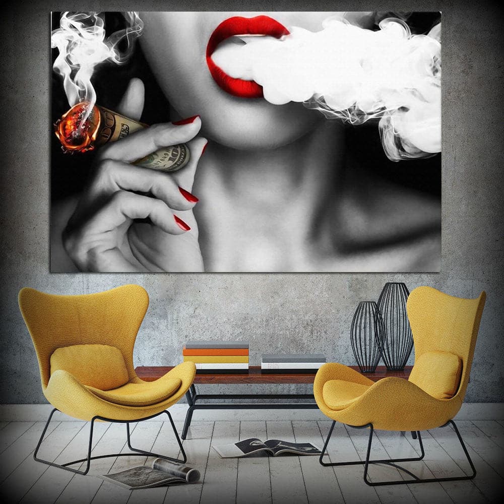 Pine Stretched  Framed 1 Panel - Smoking Lady