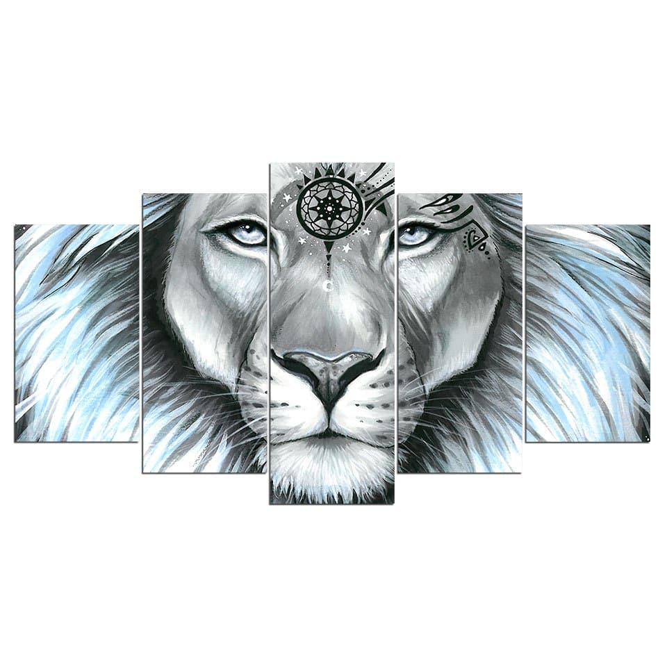 Pine Stretched  Framed 5 Panels - Lion