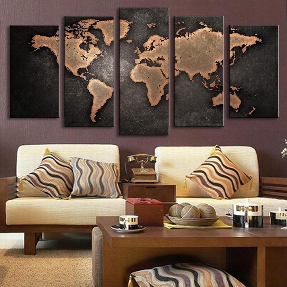 Framed 5 Panels - World Map