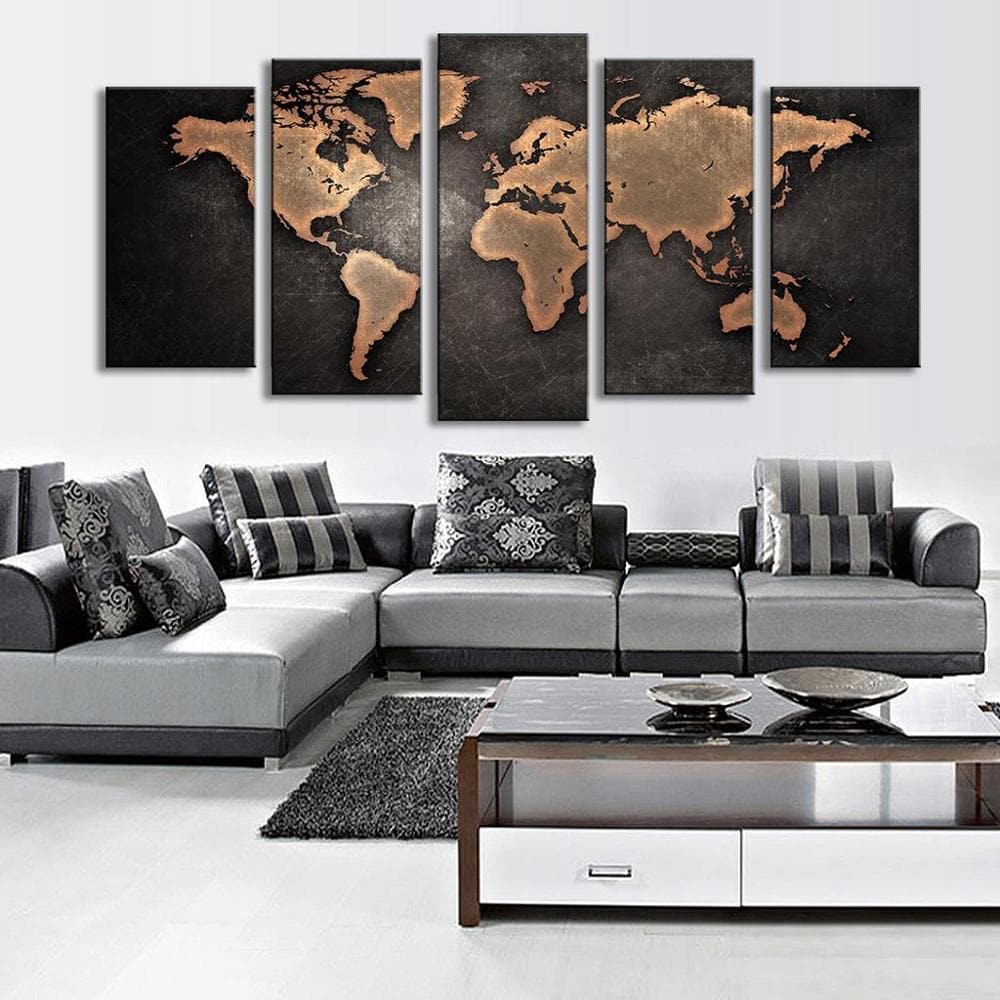Framed 5 Panels - World Map