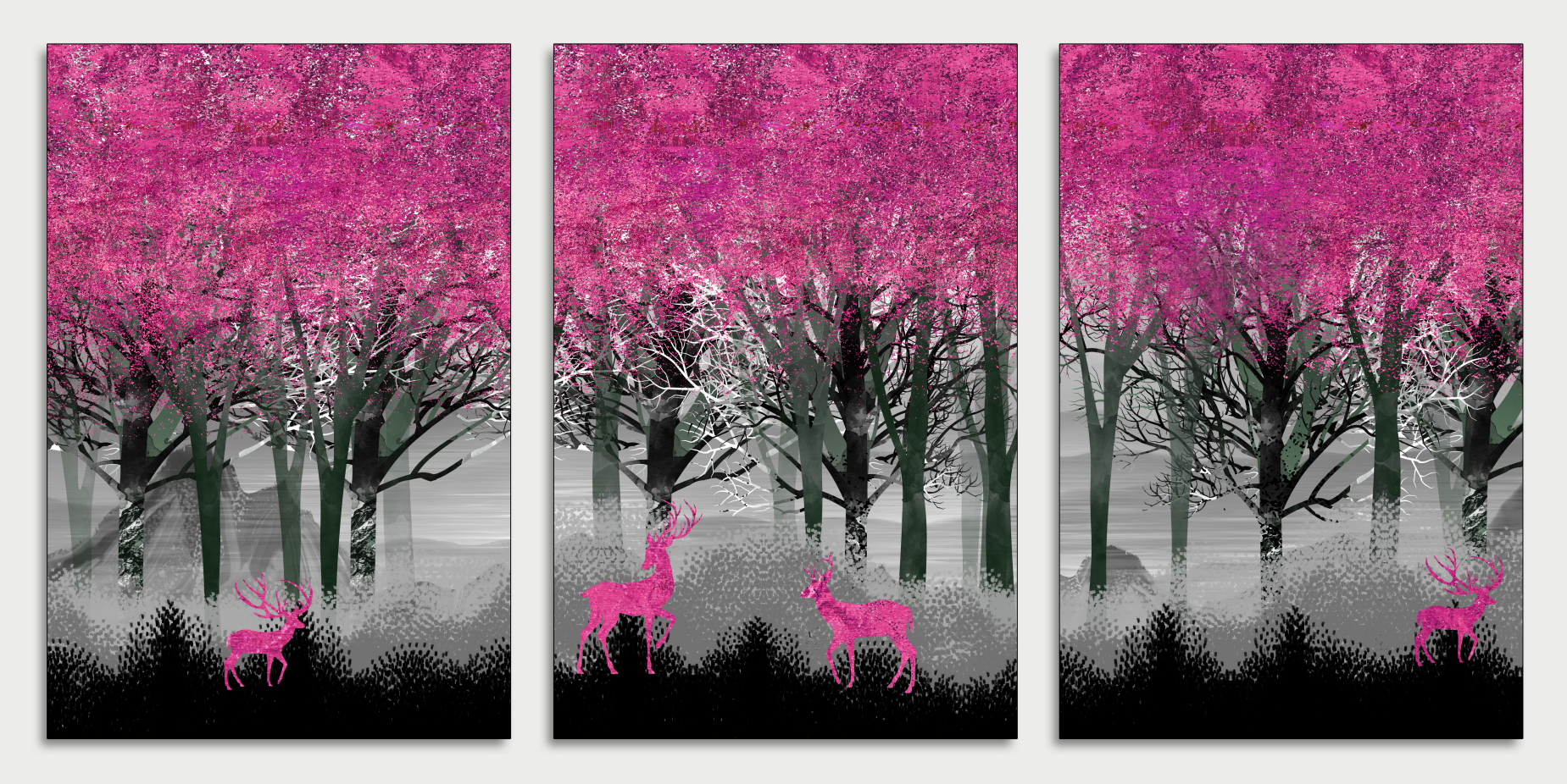 Pine Stretched  Framed 3 Panels - Red Deer