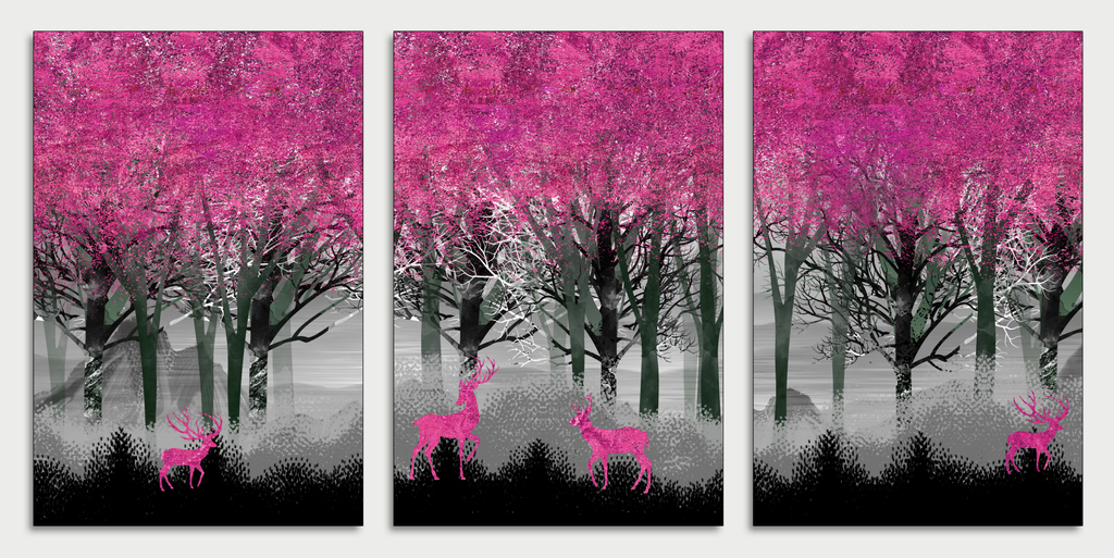 Pine Stretched  Framed 3 Panels - Red Deer
