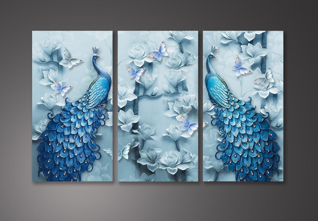 Pine Stretched  Framed 3 Panels - Peacocks