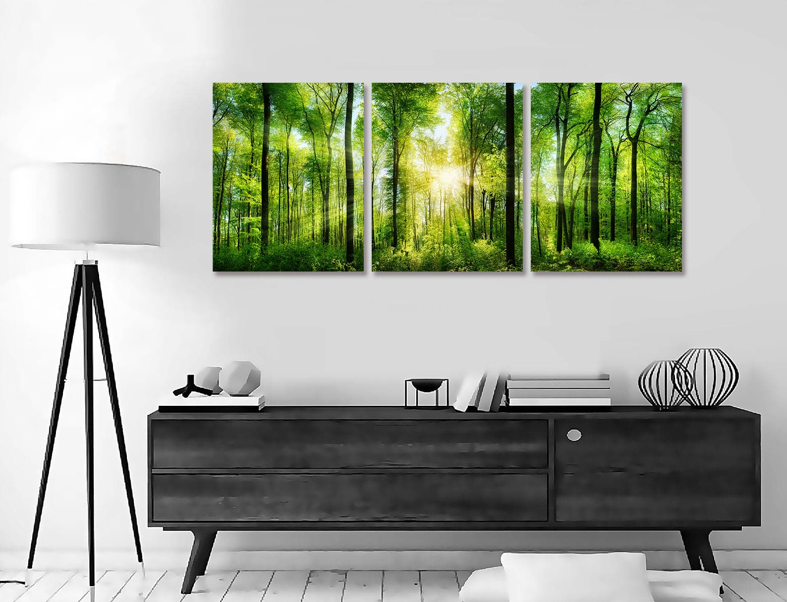 Framed 3 Panels - Forest panorama with rays of sunlight
