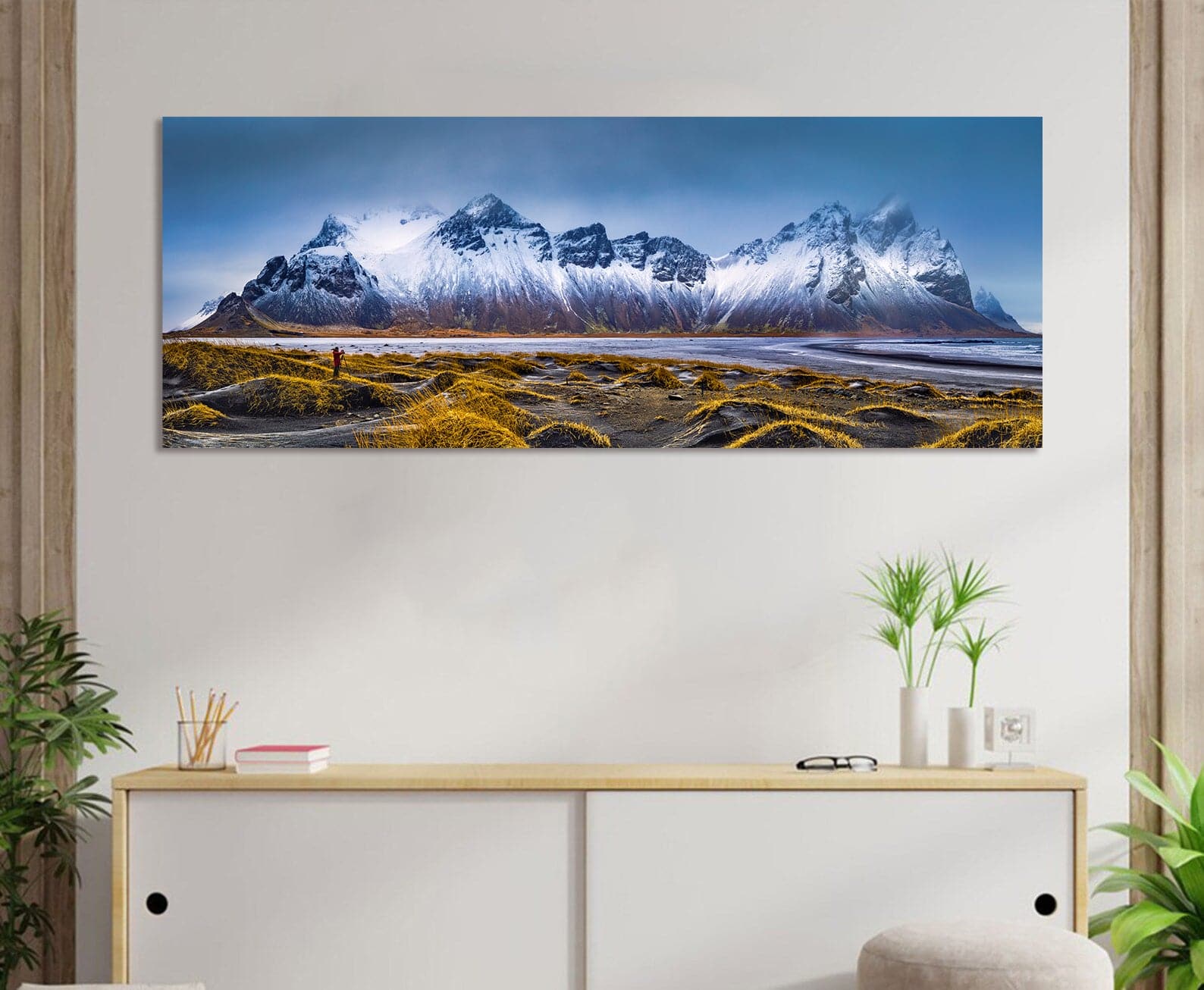 Pine Stretched  Framed 1 Panel - Vestrahorn Mountain Range And Stokksnes Beach Panorama