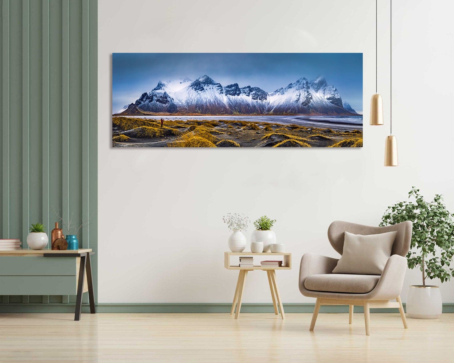 Pine Stretched  Framed 1 Panel - Vestrahorn Mountain Range And Stokksnes Beach Panorama