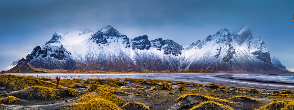 Pine Stretched  Framed 1 Panel - Vestrahorn Mountain Range And Stokksnes Beach Panorama