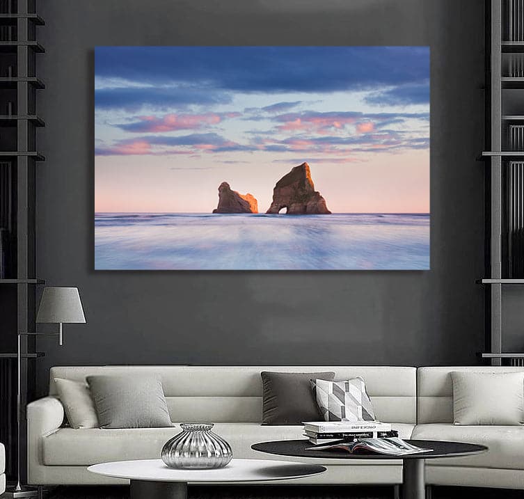 Pine Stretched  Framed 1 Panel - Rocky Islands, Sand Dunes, Wharariki Beach
