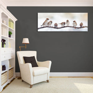 Pine Stretched  Framed 1 Panel - Funny Birds Sparrows Sitting on a Branch