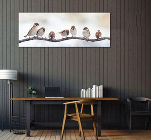 Pine Stretched  Framed 1 Panel - Funny Birds Sparrows Sitting on a Branch