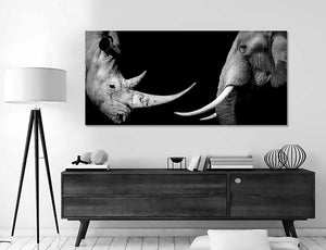 Pine Stretched  Framed 1 Panel - African Rhino & Elephant