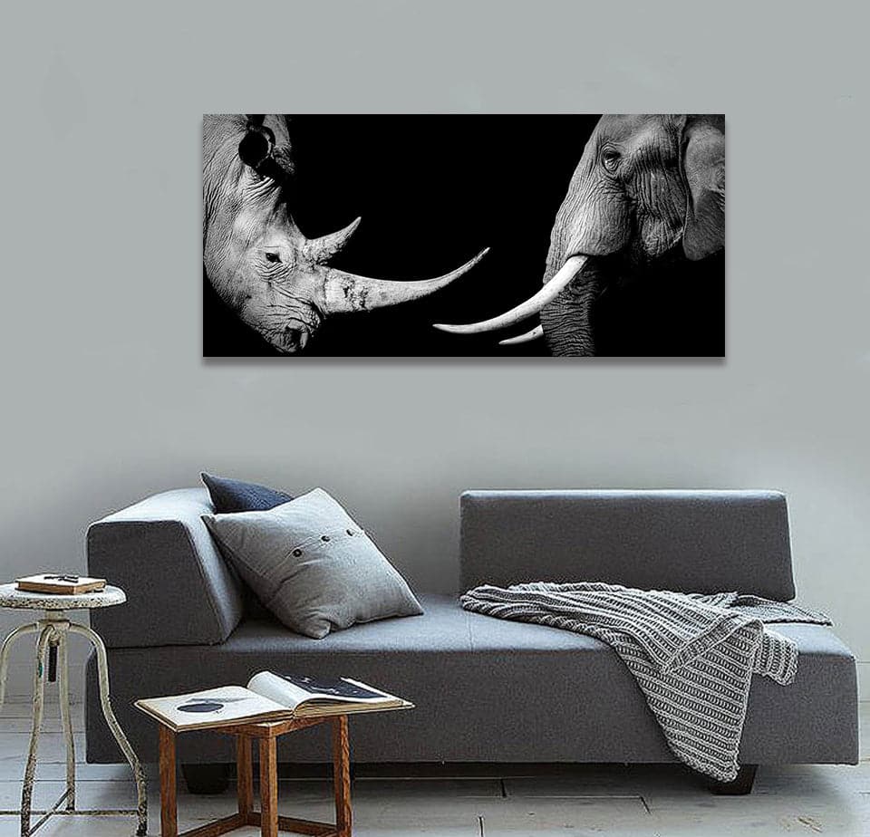 Pine Stretched  Framed 1 Panel - African Rhino & Elephant